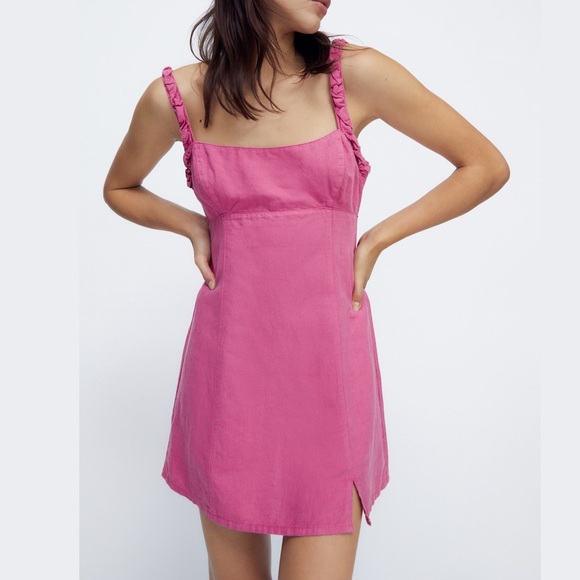 Zara Dresses Nwt Zara Pink Linen Cotton Blend Mini Backless Ruffle